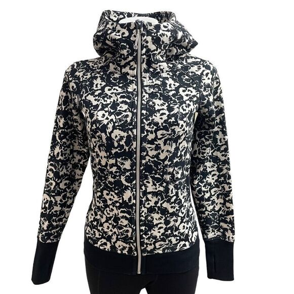 LULULEMON FLEUR SOMBRE‎ BLACK / WHITE SCUBA HOODIE Full zip JACKET SIZE 2 - Picture 1 of 10
